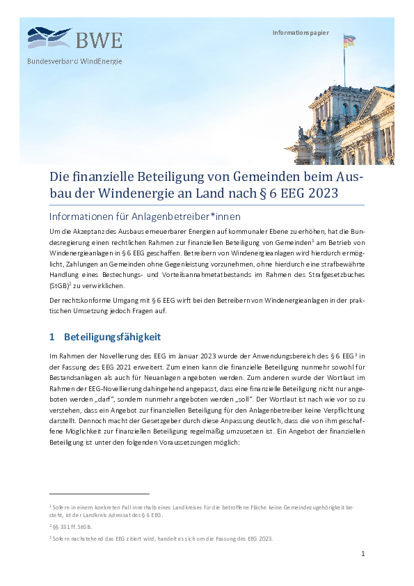 BWE-Informationspapier: Kommunale Beteiligung von Gemeinden (08/2023)