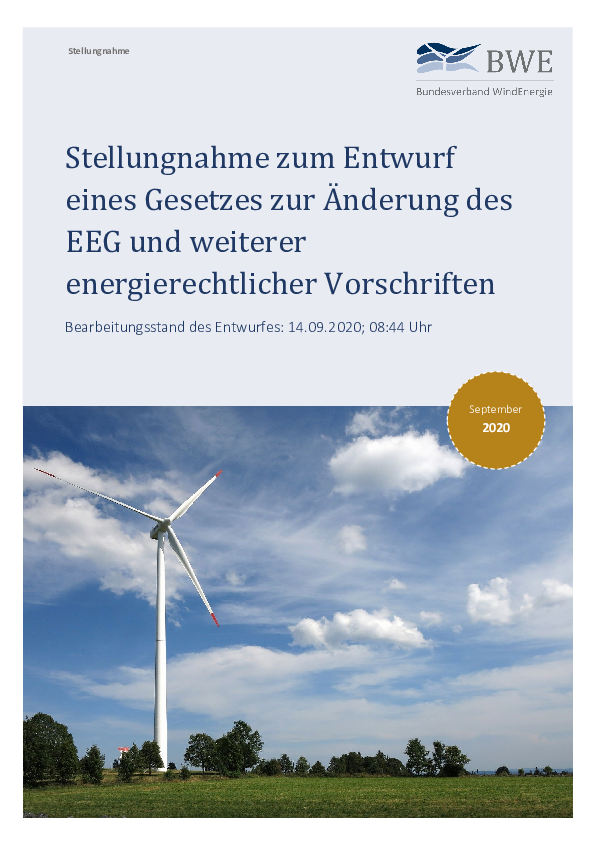 BWE-Stellungnahme zum Entwurf eines Gesetzes zur Änderung des EEG und weiterer energierechtlicher Vorschriften