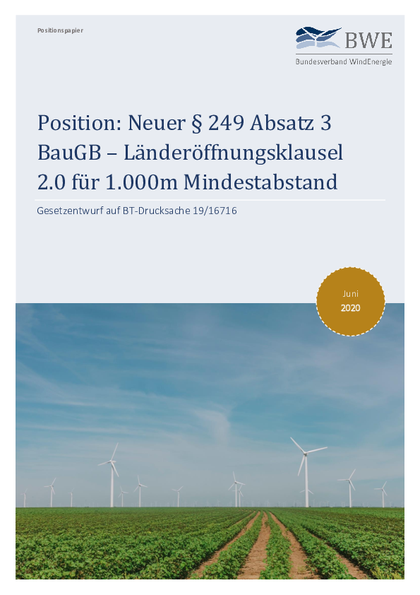 BWE-Position: Neuer § 249 Absatz 3 BauGB - Länderöffnungsklausel 2.0 für 1.000m Mindestabstand