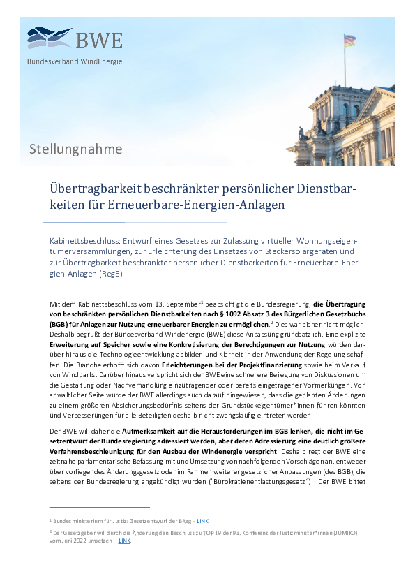 BWE-Stellungnahme: Übertragbarkeit beschränkter persönlicher Dienstbarkeiten für Erneuerbare-Energien-Anlagen (10/2023)