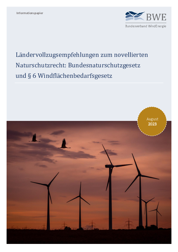 BWE-Informationspapier: Ländervollzugsempfehlungen zum novellierten Naturschutzrecht (08/2023)