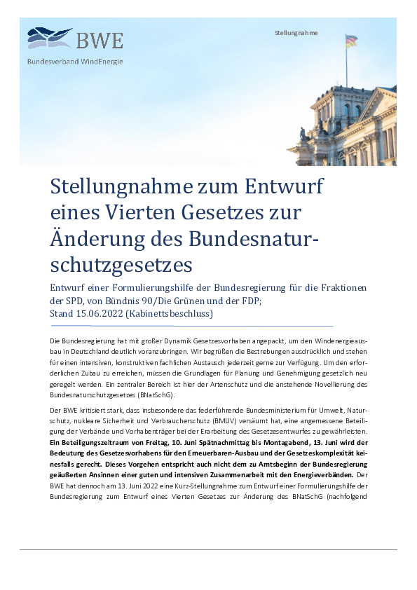 Stellungnahme zum Entwurf  eines Vierten Gesetzes zur Änderung des Bundesnaturschutzgesetzes (07/2022) 