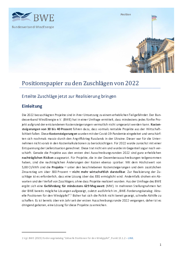 BWE-Positionspapier: Zuschläge in 2022 (05/2023)