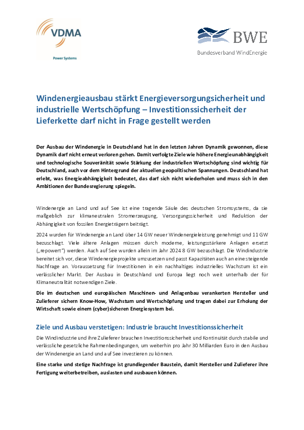 Windenergieausbau stärkt Energieversorgungsicherheit und industrielle Wertschöpfung – Investitionssicherheit der Lieferkette darf nicht in Frage gestellt werden