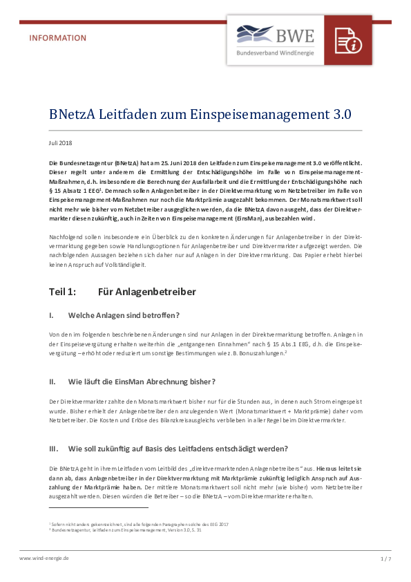 BWE-Infopapier: BNetzA-Leitfaden zum Einspeisemanagement (07/2018)