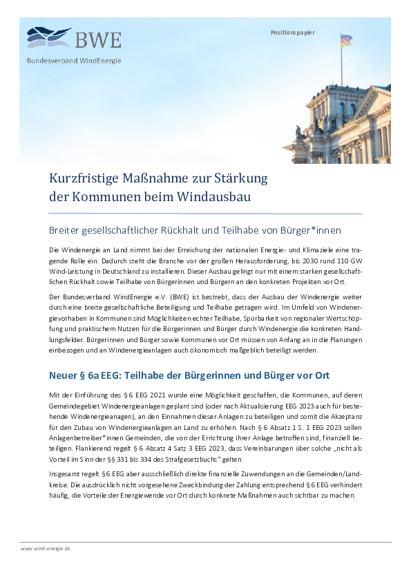 BWE-Positionspapier: Kurzfristige Maßnahmen zur Stärkung der Kommunen beim Windausbau (01/2023)