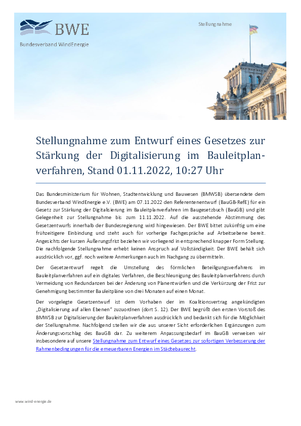BWE-Stellungnahme zum Entwurf eines Gesetzes zur Stärkung der Digitalisierung im Bauleitplanverfahren (11/2022)