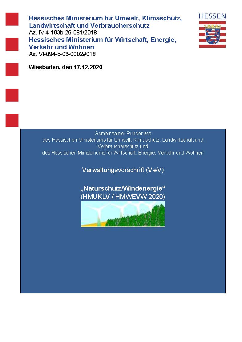 Cover Verwaltungsvorschrift Naturschutz/Windenergie 2020