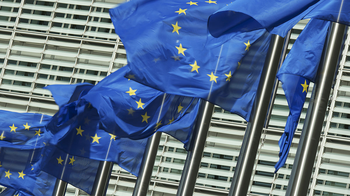 Mehrere Europaflaggen vor einem Gebäude